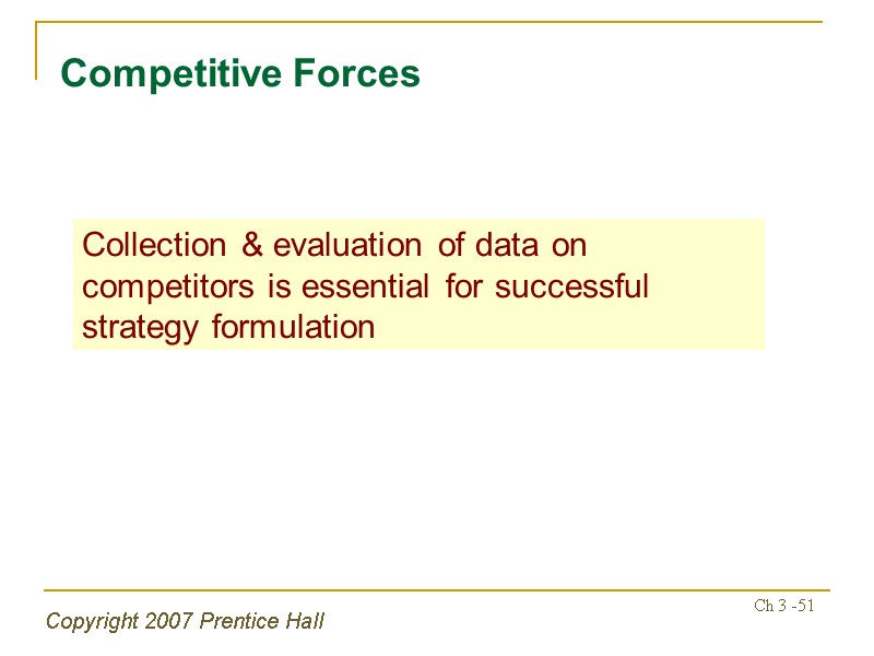 Copyright 2007 Prentice Hall Ch 3 -51 Competitive Forces Collection & evaluation of data